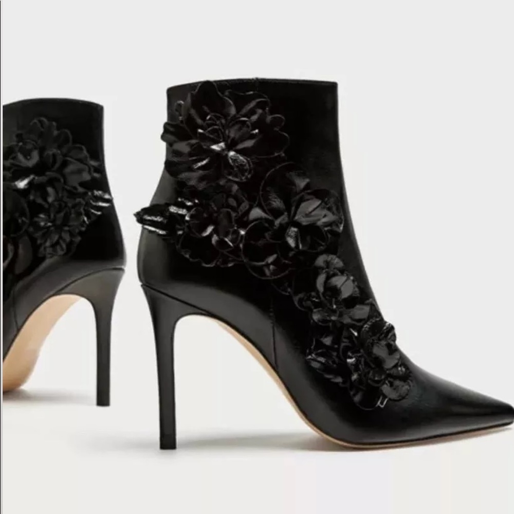 Zara Black Leather Heeled Ankle Boot Pointed Toe  Floral details 10